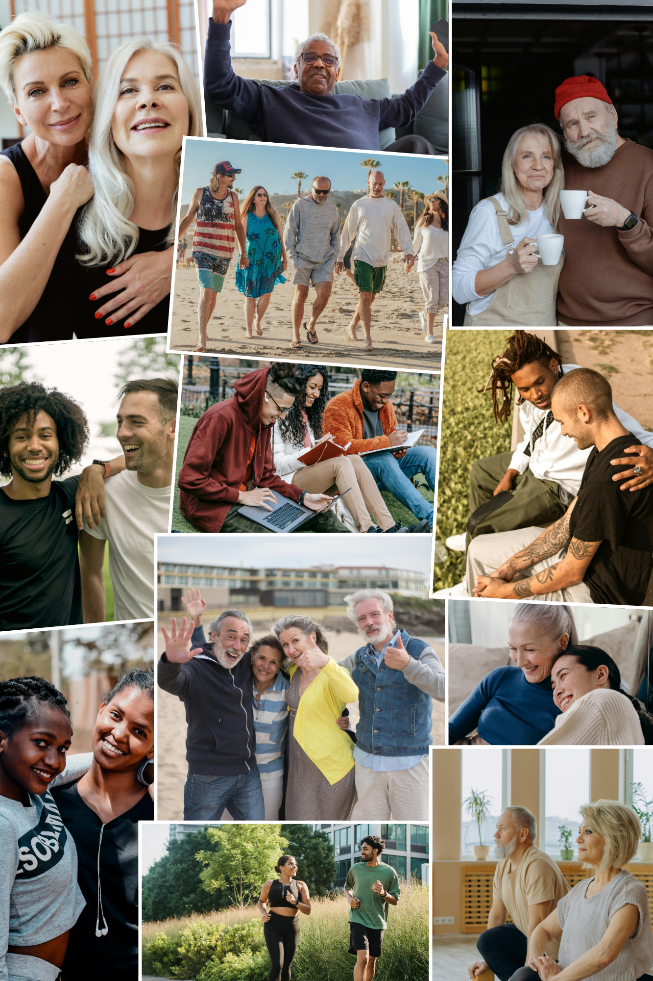 “A vibrant collage showcasing diverse groups of people engaging in positive and joyful activities, including friends hugging, walking on the beach, enjoying coffee, studying outdoors, having conversations, and exercising. The images reflect connection, happiness, and well-being in various settings.”